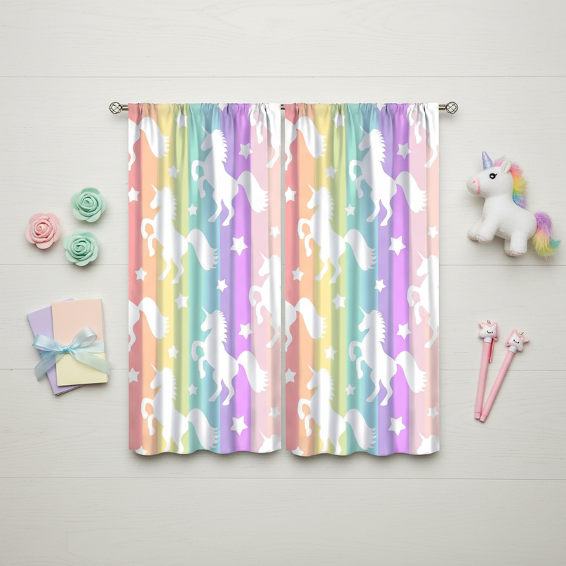 colorful unicorn curtains - flat-lay