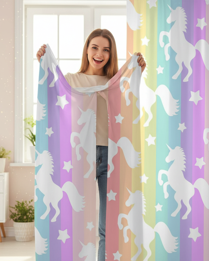 colorful unicorn curtains - in-use