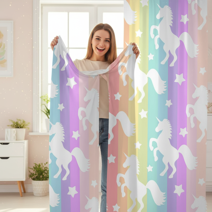 colorful unicorn curtains - in-use
