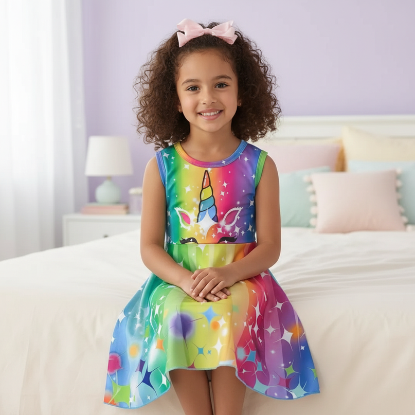 colorful unicorn face print dress - sitting