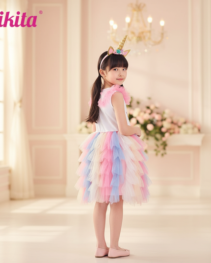 colorful unicorn layered ball gown dress - back