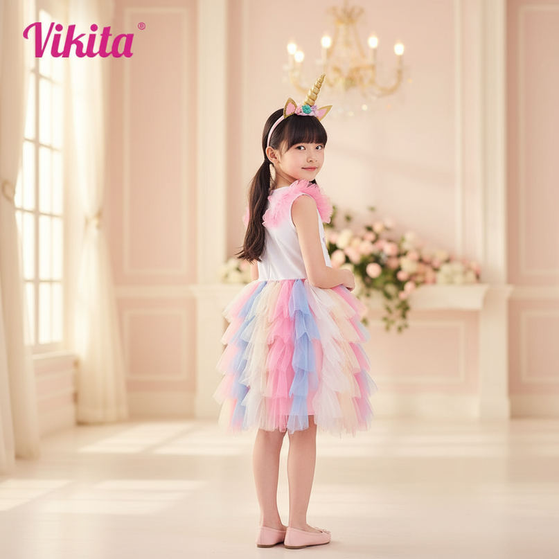 colorful unicorn layered ball gown dress - back