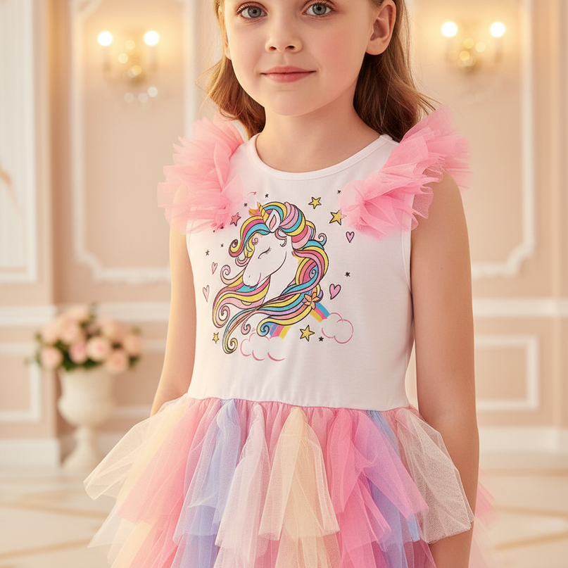 colorful unicorn layered ball gown dress - detail