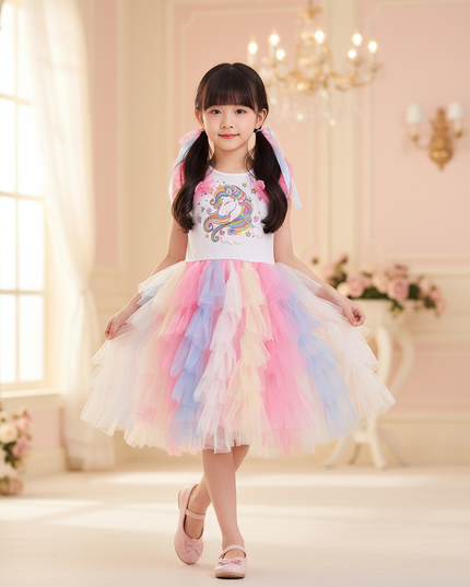 colorful unicorn layered ball gown dress - front