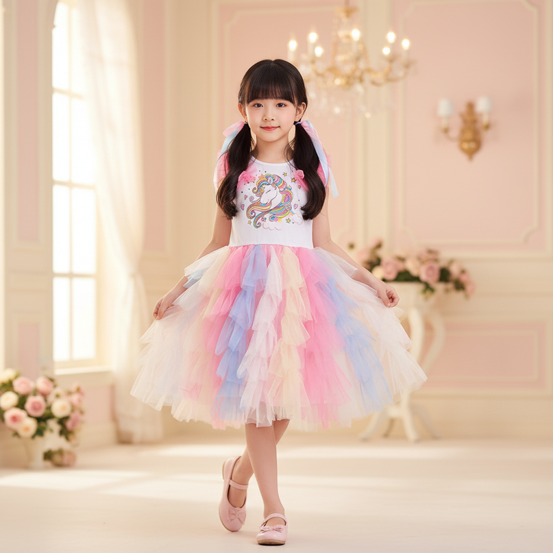colorful unicorn layered ball gown dress - front