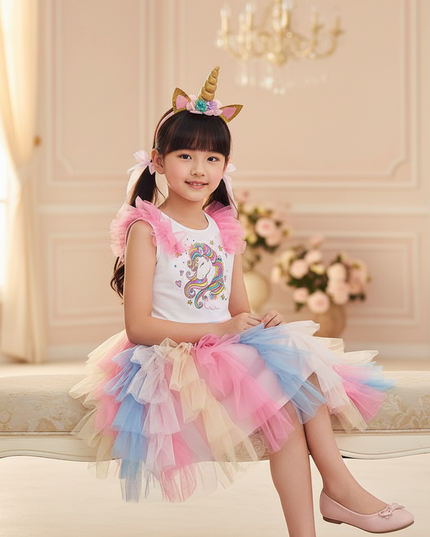colorful unicorn layered ball gown dress - sitting