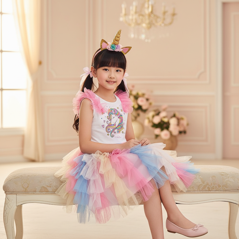 colorful unicorn layered ball gown dress - sitting