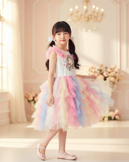 colorful unicorn layered ball gown dress - three-quarter