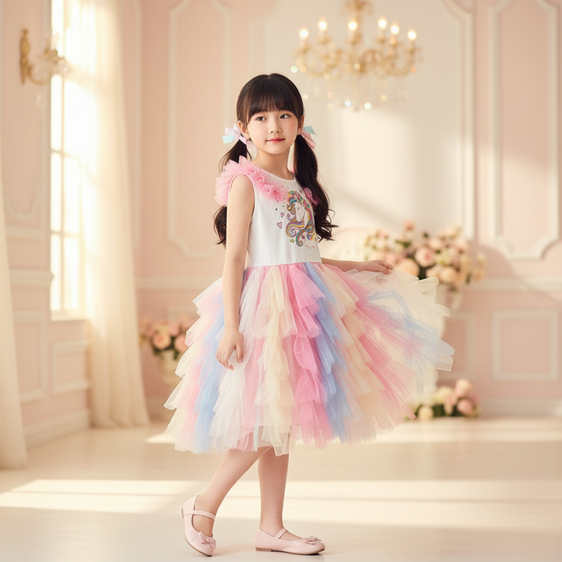 colorful unicorn layered ball gown dress - three-quarter