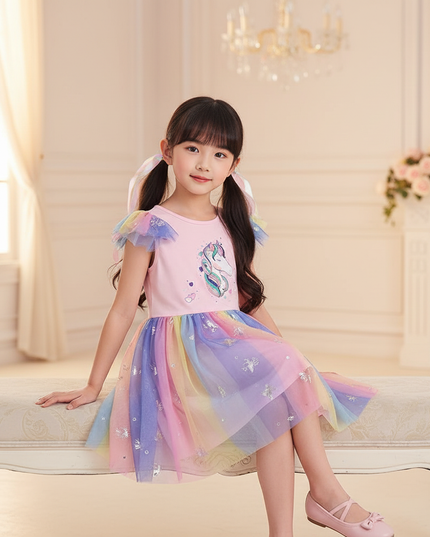 colorful unicorn mesh tutu dress - sitting