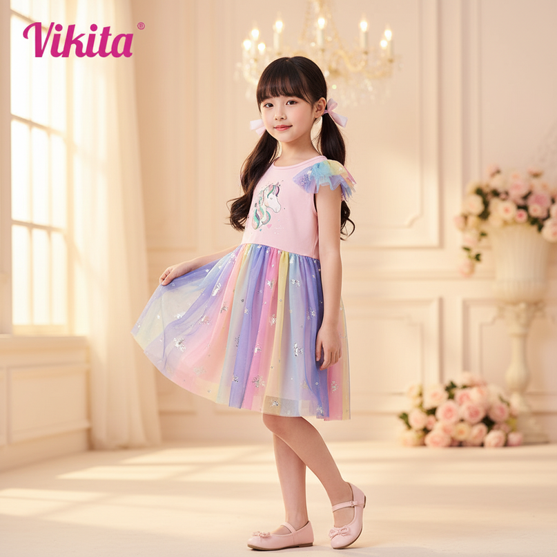 colorful unicorn mesh tutu dress - three-quarter