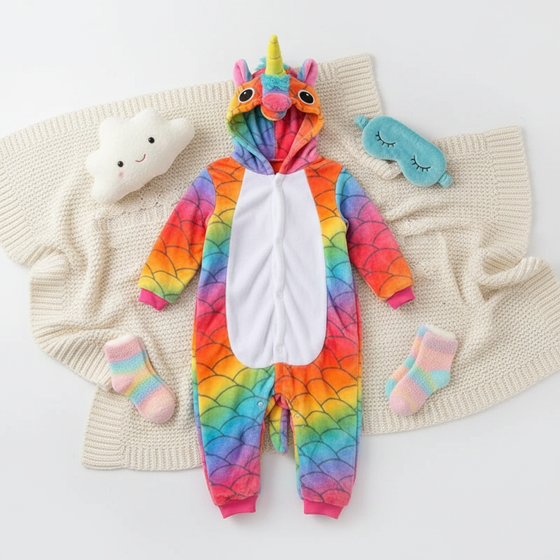 colorful unicorn onesie - flat-lay