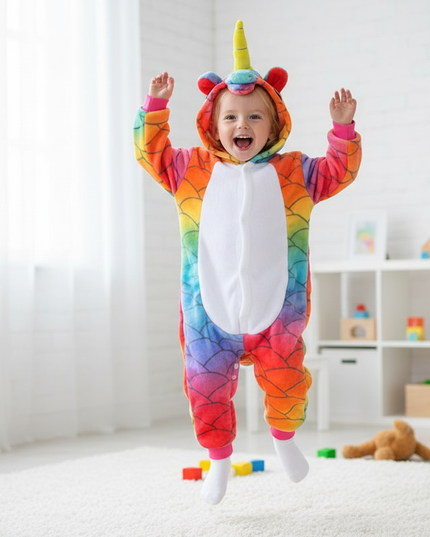 colorful unicorn onesie - in-use