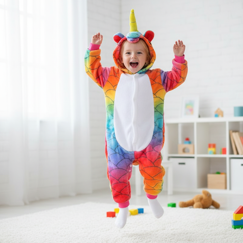 colorful unicorn onesie - in-use