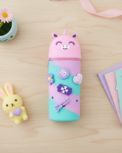 colorful unicorn pencil case - flat-lay