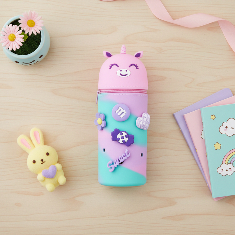 colorful unicorn pencil case - flat-lay