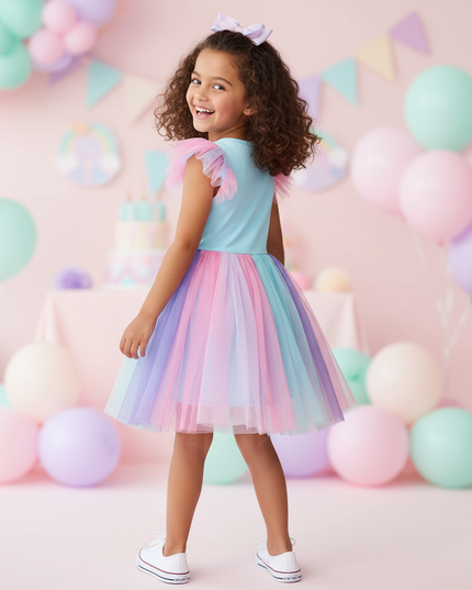colorful unicorn ruffle sleeve dress - back