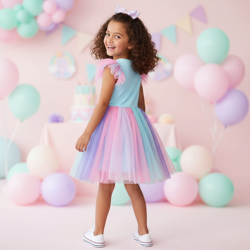 colorful unicorn ruffle sleeve dress - back