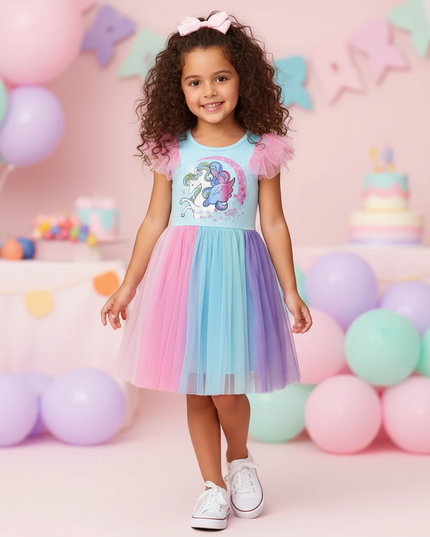 colorful unicorn ruffle sleeve dress - detail