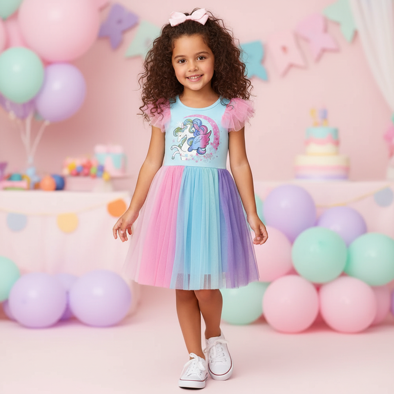 colorful unicorn ruffle sleeve dress - detail