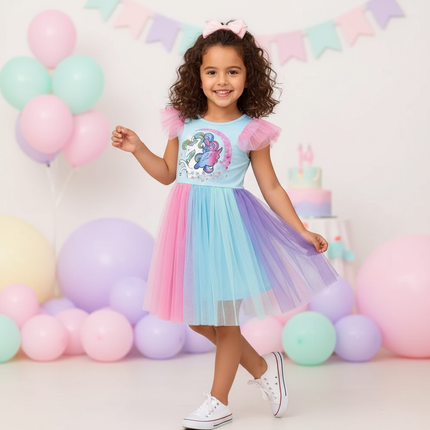 colorful unicorn ruffle sleeve dress - front