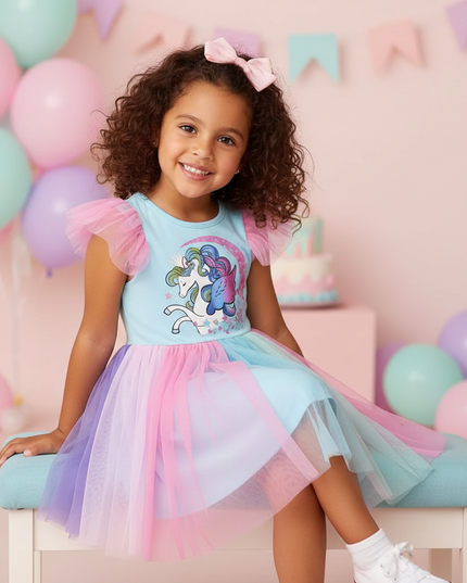 colorful unicorn ruffle sleeve dress - sitting
