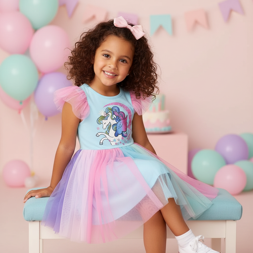 colorful unicorn ruffle sleeve dress - sitting