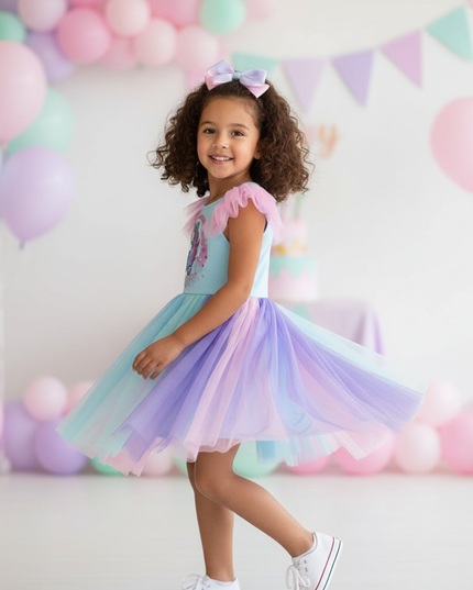 colorful unicorn ruffle sleeve dress - three-quarter