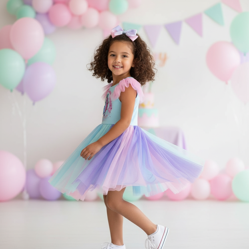 colorful unicorn ruffle sleeve dress - three-quarter