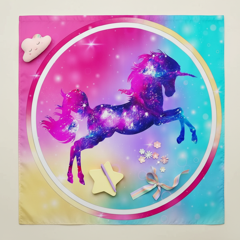 colorful unicorn shower curtain - flat-lay
