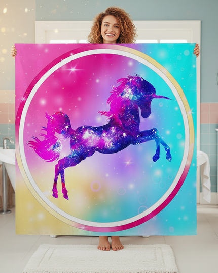 colorful unicorn shower curtain - in-use