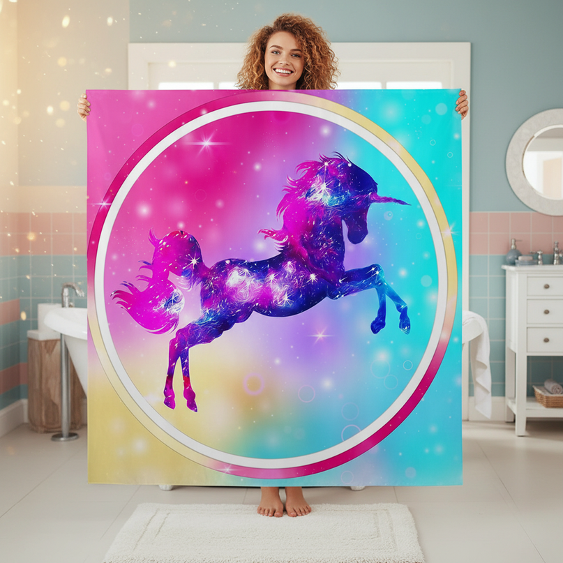 colorful unicorn shower curtain - in-use