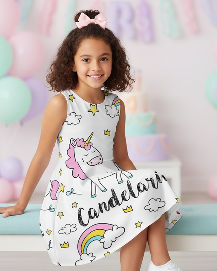 colorful unicorn skater dress girls - sitting