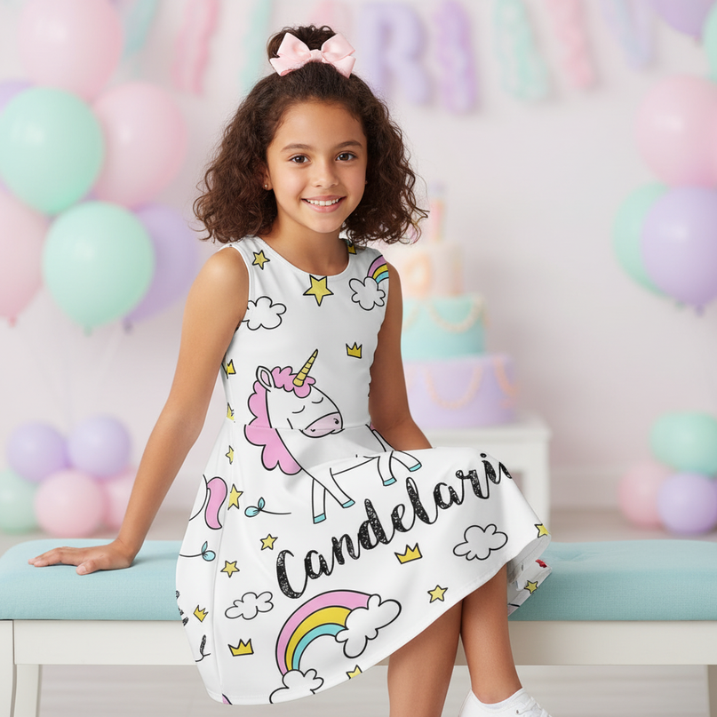 colorful unicorn skater dress girls - sitting