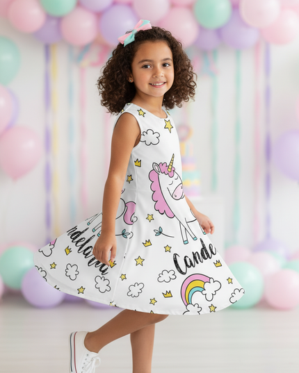 colorful unicorn skater dress girls - three-quarter