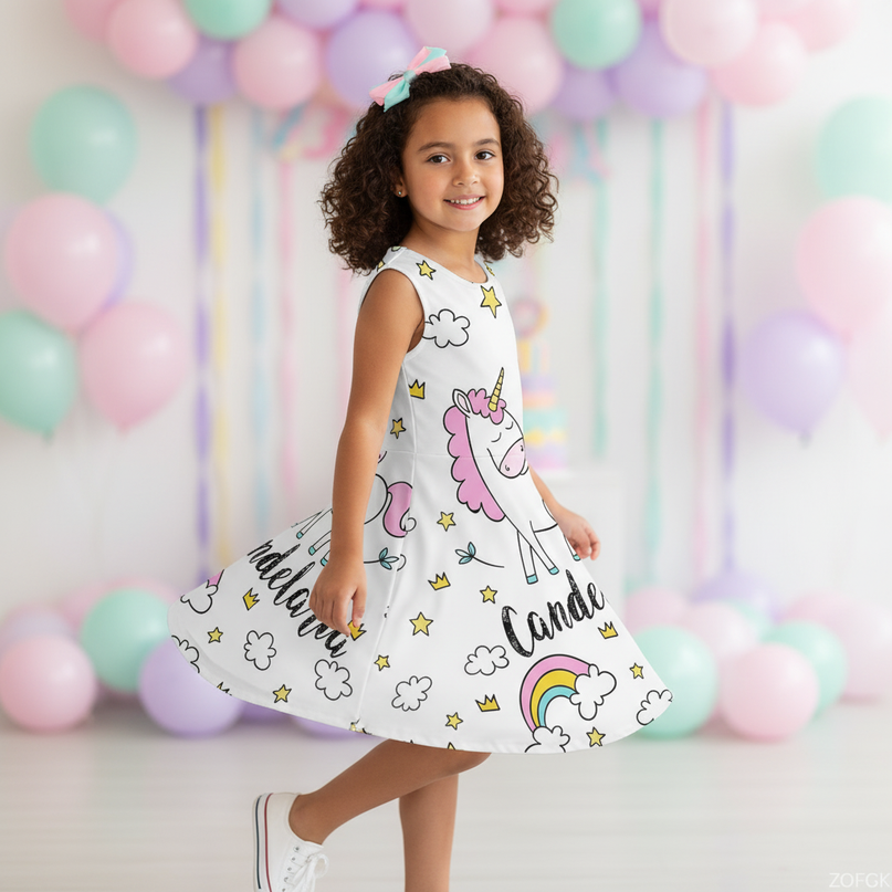 colorful unicorn skater dress girls - three-quarter