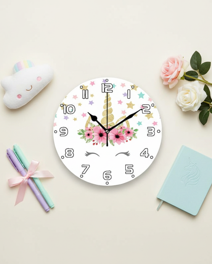 colorful unicorn wall clock - flat-lay