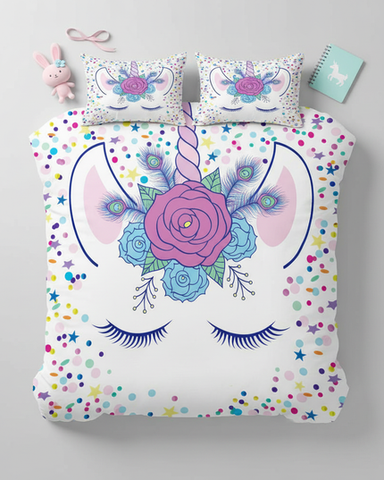 confetti eyelash unicorn bedding - flat-lay