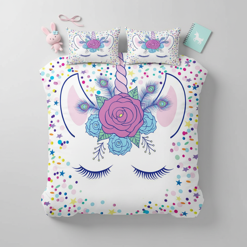 confetti eyelash unicorn bedding - flat-lay