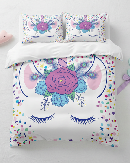 confetti peacock lashes unicorn bedding - flat-lay