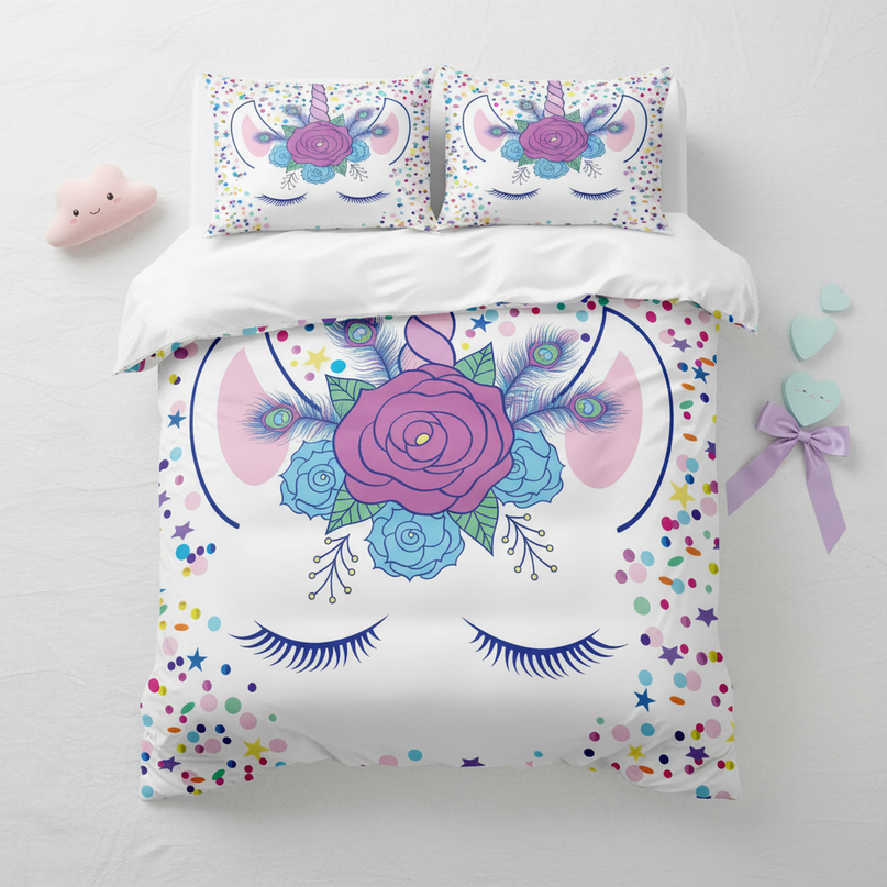 confetti peacock lashes unicorn bedding - flat-lay