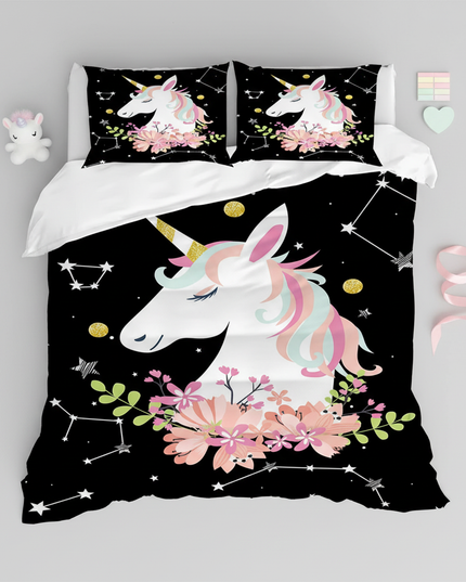 constellation floral unicorn bedding - flat-lay