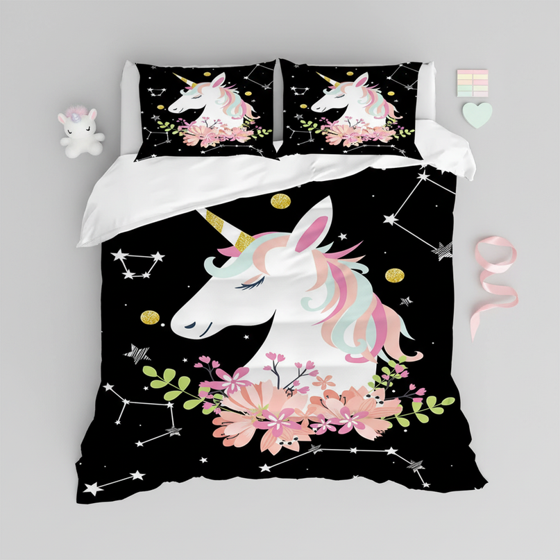 constellation floral unicorn bedding - flat-lay