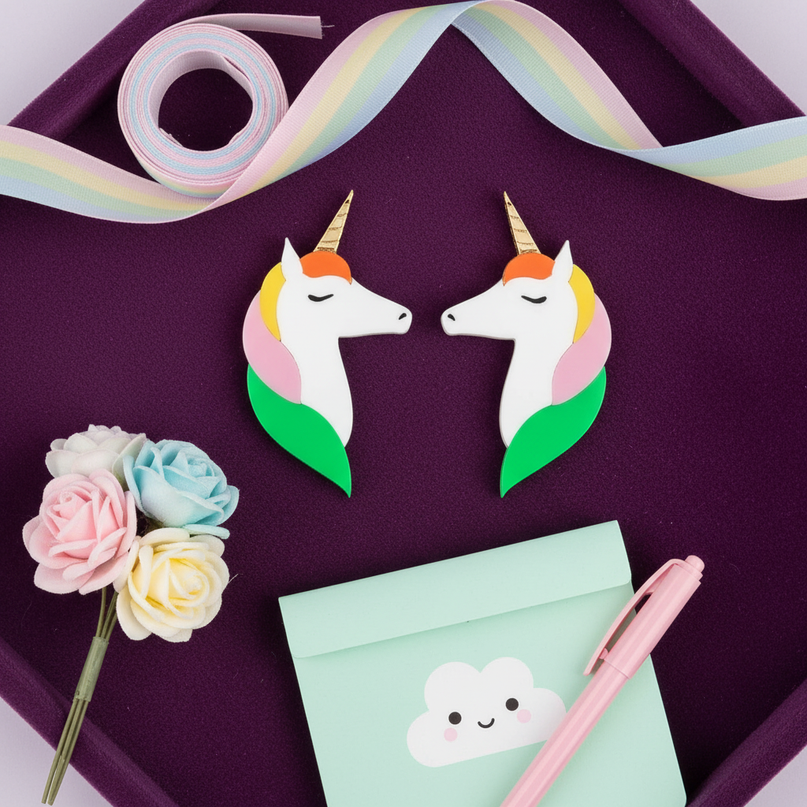 cool unicorn earrings - flat-lay
