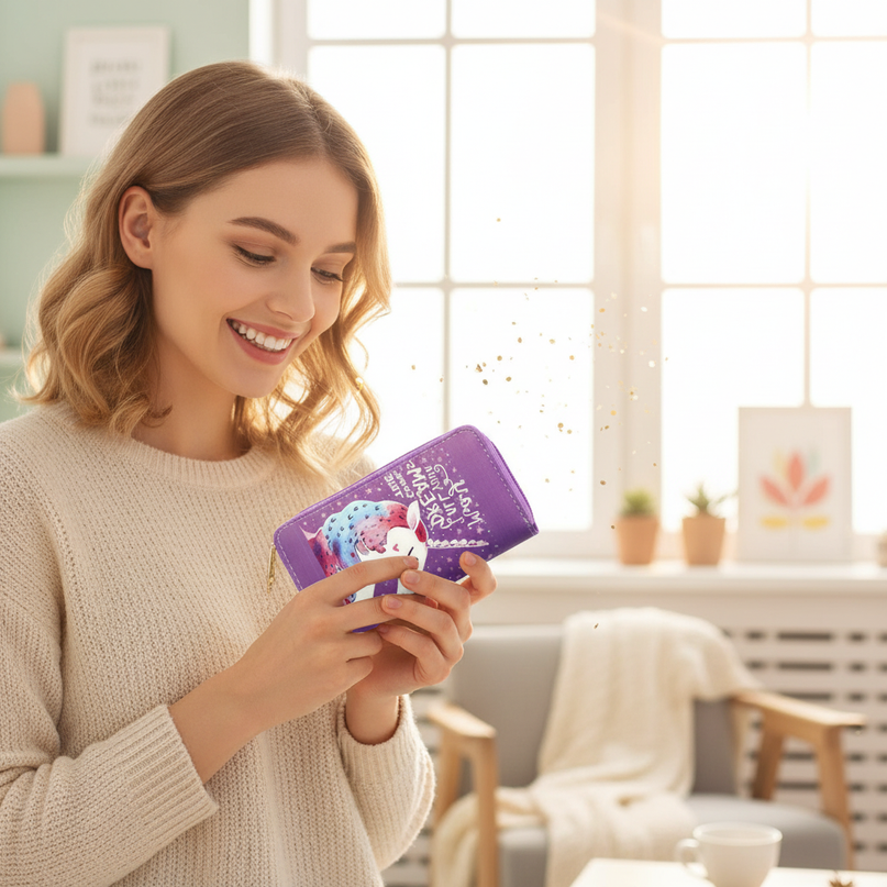 cool unicorn wallet - in-use