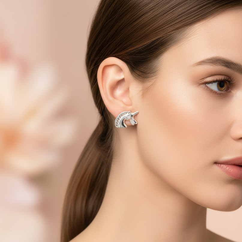 copper unicorn earrings - in-use