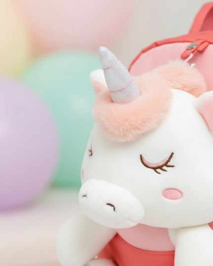 coral plush unicorn backpack - detail