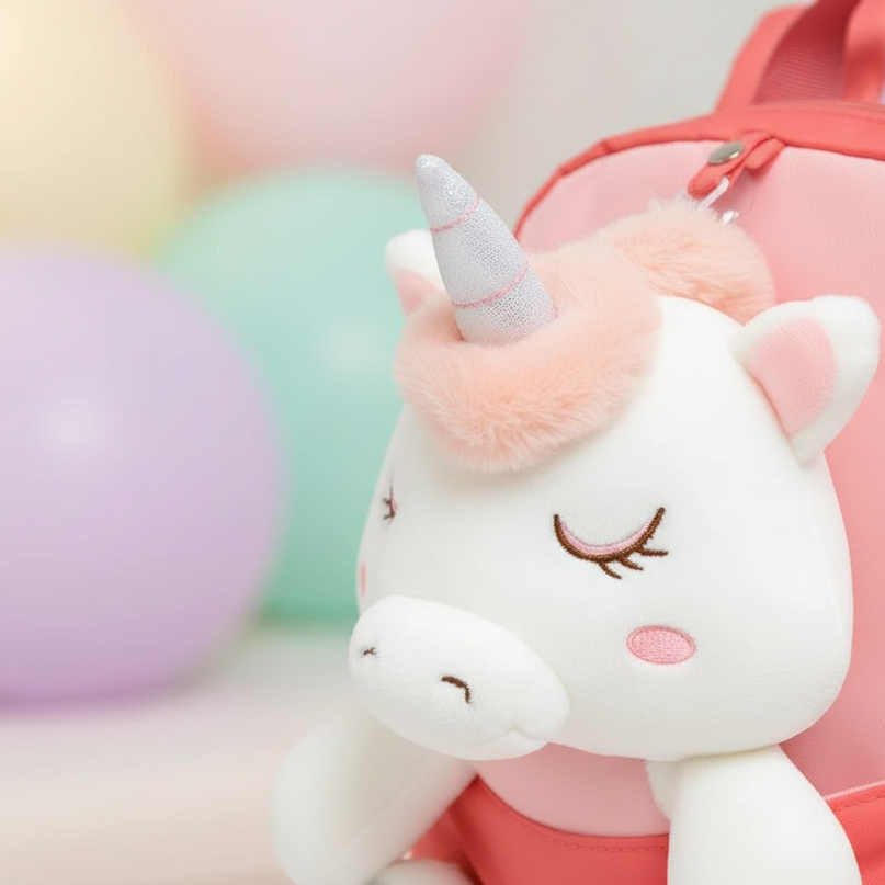 coral plush unicorn backpack - detail