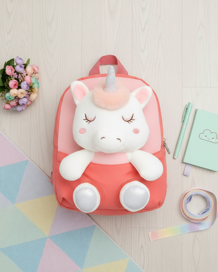 coral plush unicorn backpack - flat-lay