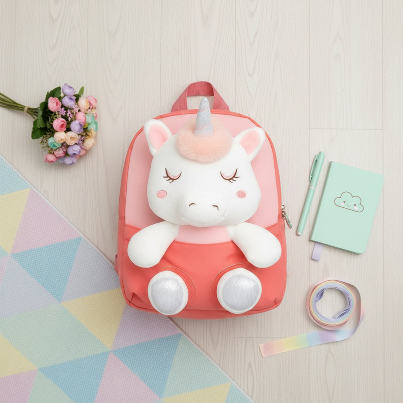 coral plush unicorn backpack - flat-lay